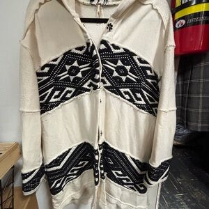 Free People Cream and Black Patterned Cardigan Hoodie